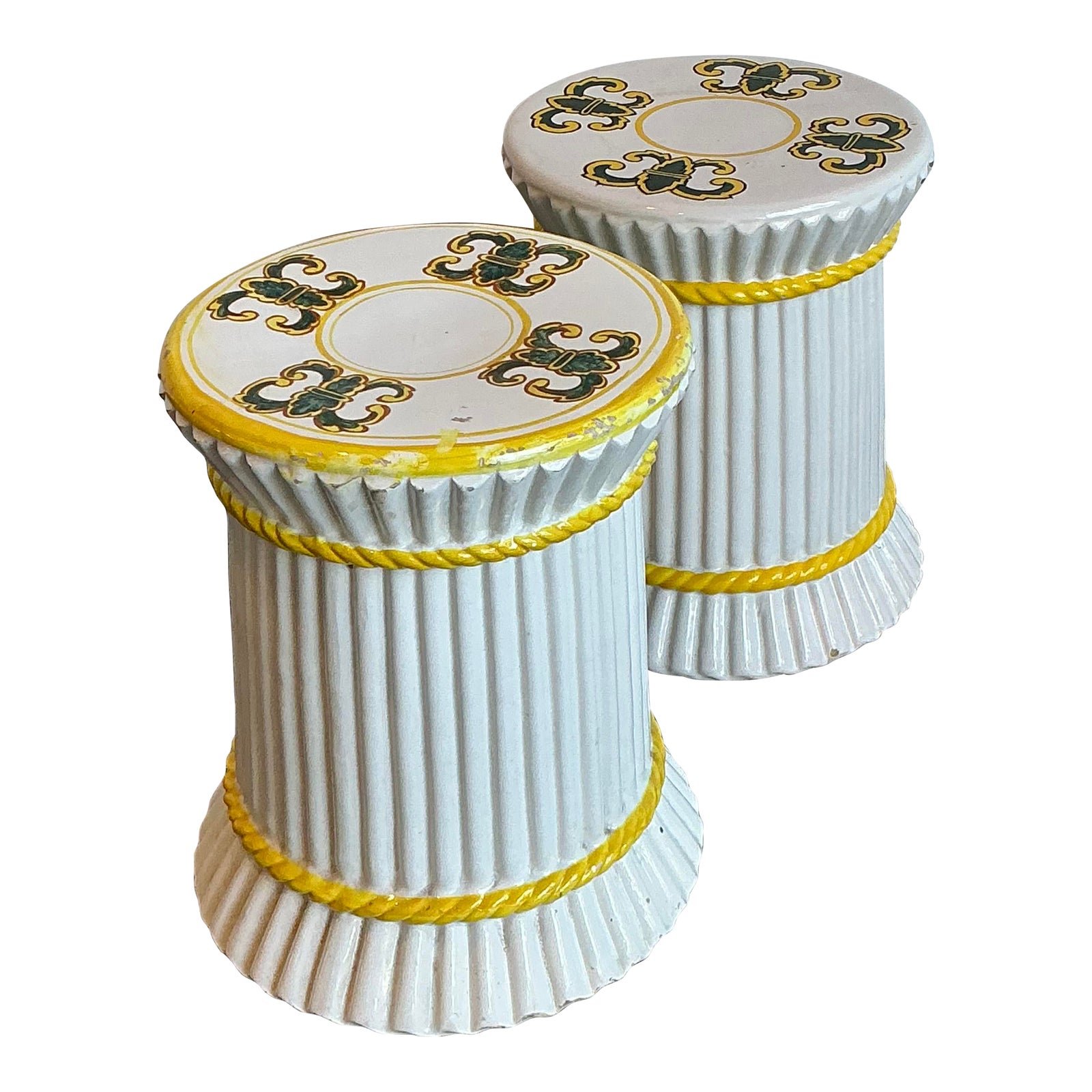 Vintage Spanish Hand Painted Ceramic Low Stools - Set of 2