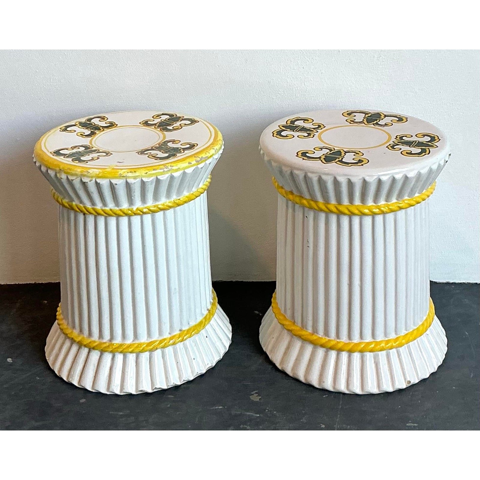 Vintage Spanish Hand Painted Ceramic Low Stools - Set of 2 - Back view