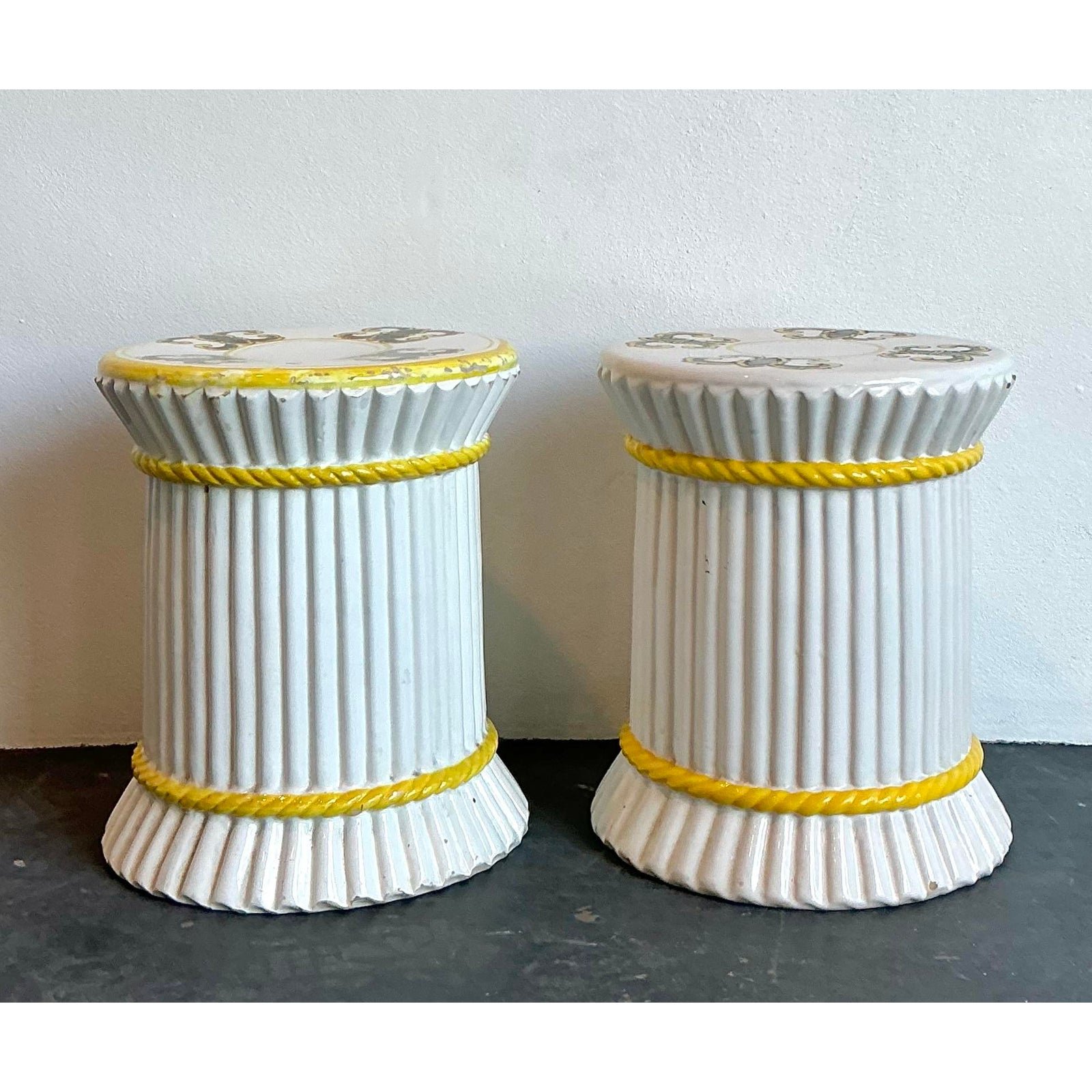 Vintage Spanish Hand Painted Ceramic Low Stools - Set of 2 - Top view