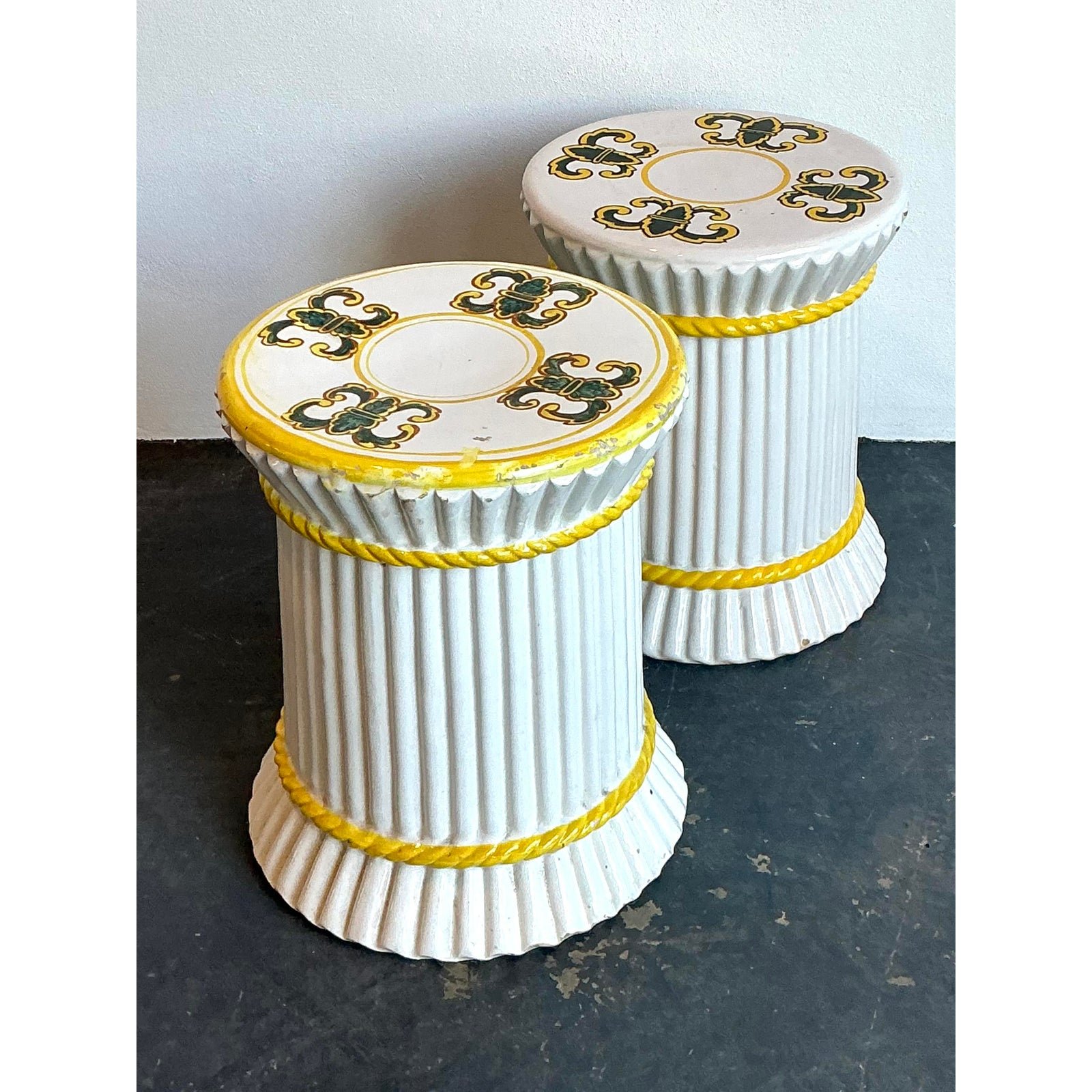 Vintage Spanish Hand Painted Ceramic Low Stools - Set of 2 - Detail view