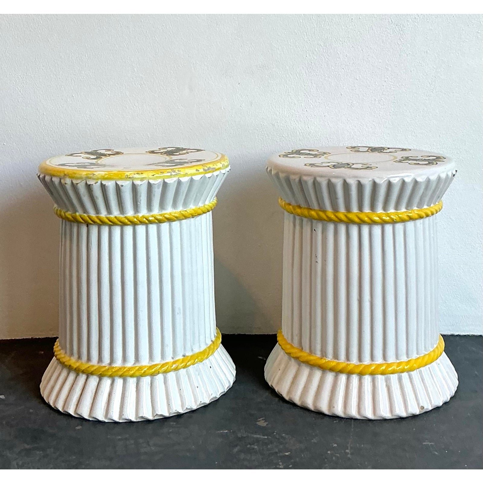 Vintage Spanish Hand Painted Ceramic Low Stools - Set of 2 - Side view