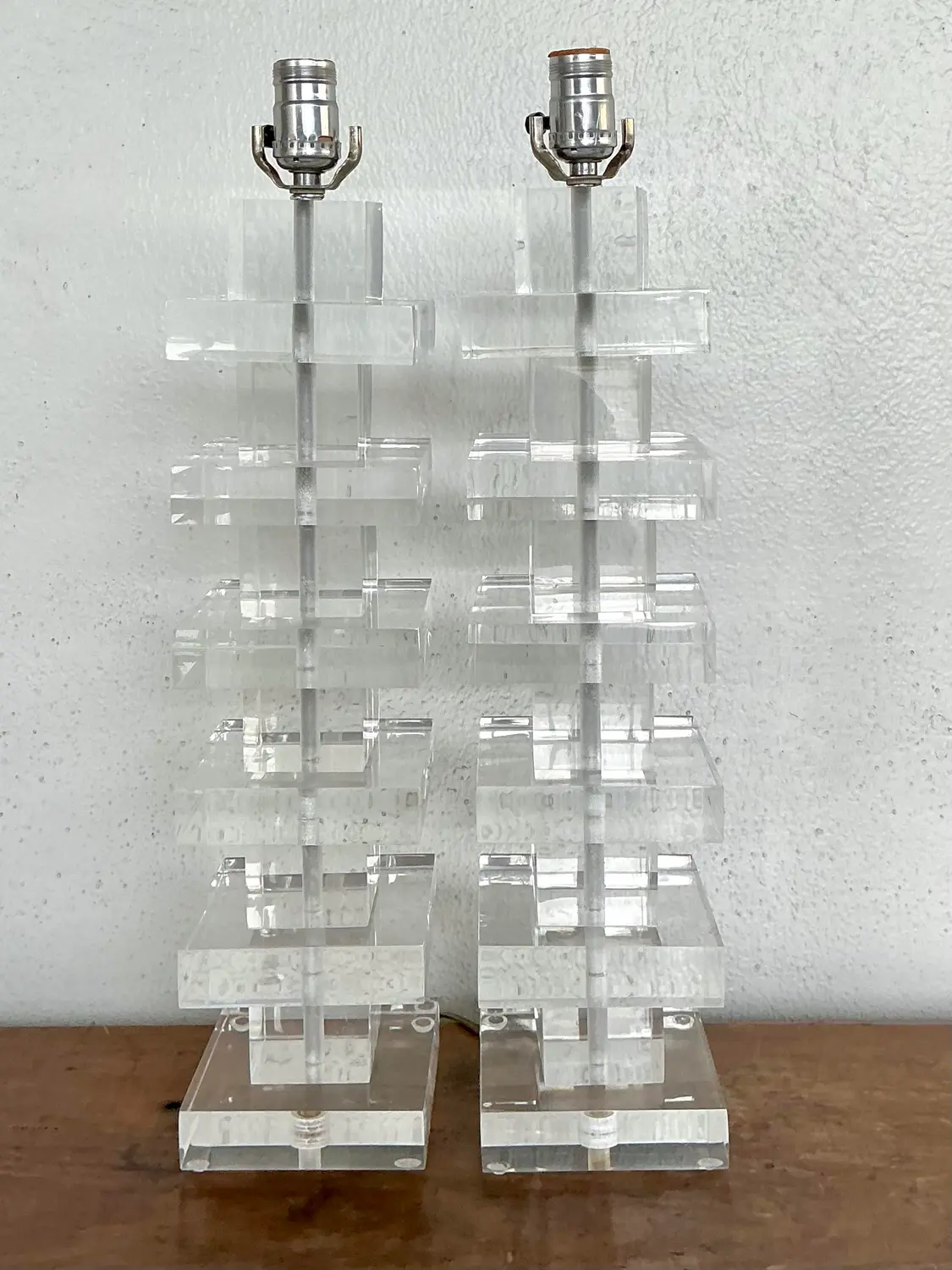 Vintage Stacked Lucite Blocks Lamps - A Pair - Side view