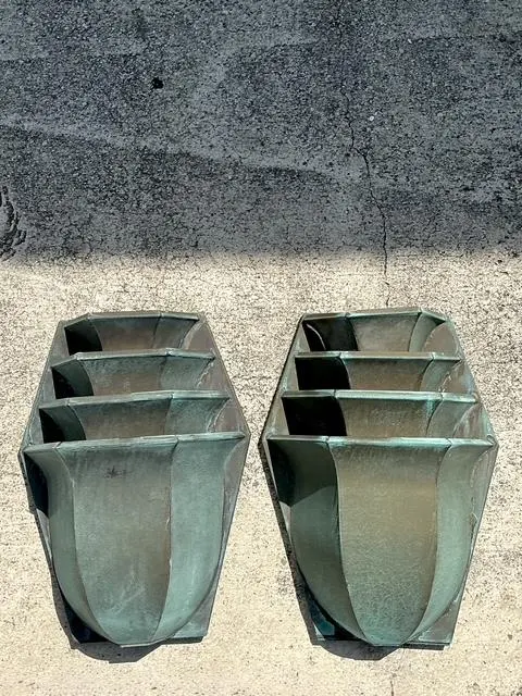 Vintage Stacked Patinated Copper Sconces - A Pair - Detail view
