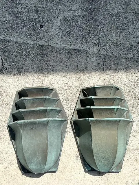 Vintage Stacked Patinated Copper Sconces - A Pair - Top view