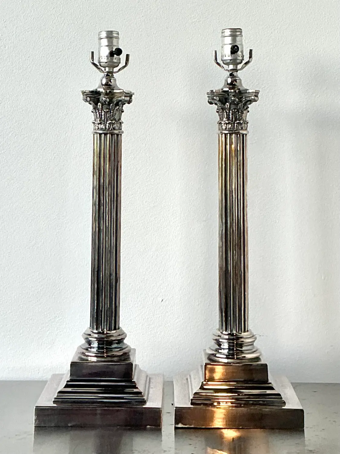 Vintage Stamped English Silver Corinthian Column Candlestick Lamps - A Pair - Side view