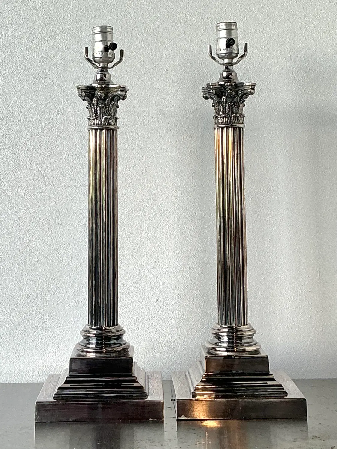 Vintage Stamped English Silver Corinthian Column Candlestick Lamps - A Pair - Top view