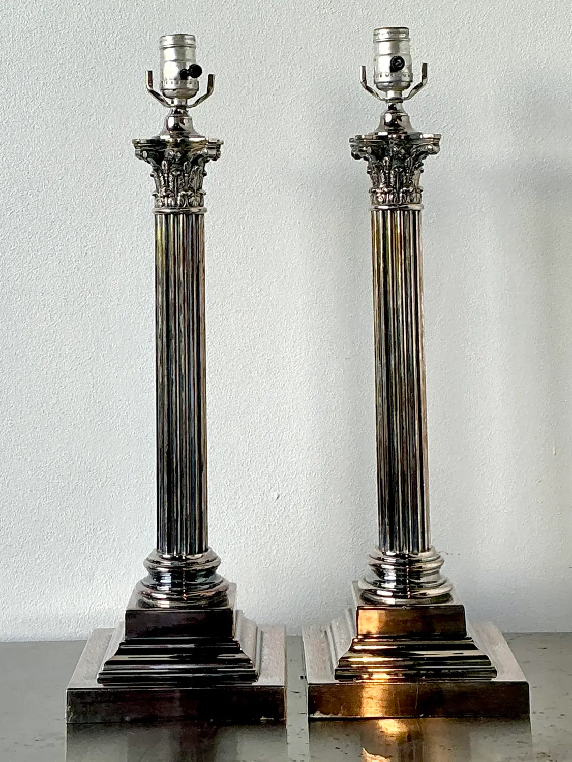 Vintage Stamped English Silver Corinthian Column Candlestick Lamps - A Pair - Detail view