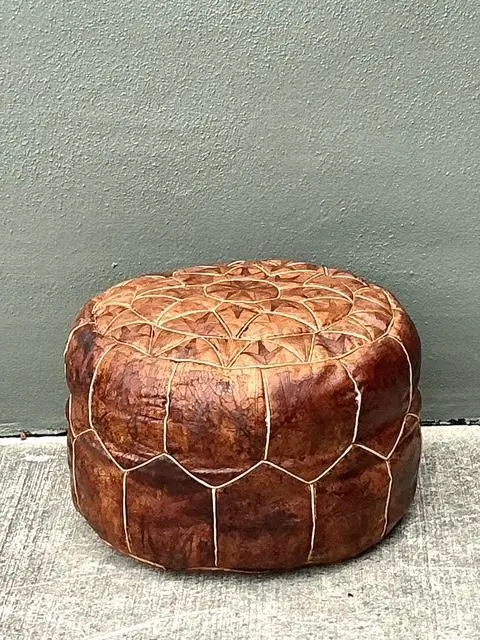 Vintage Star Tufted Leather Ottoman - Side view