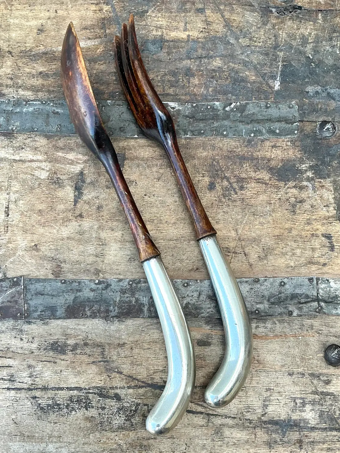 Vintage Sterling and Wood Salad Servers - Detail view