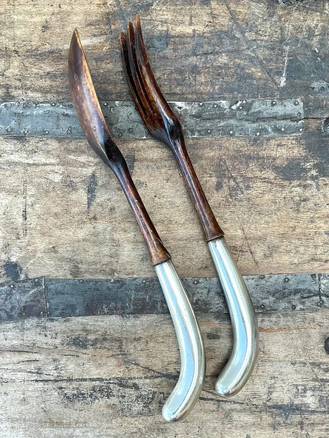 Vintage Sterling and Wood Salad Servers - Top view