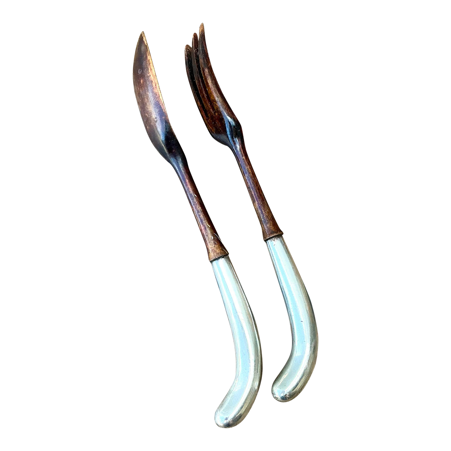 Vintage Sterling and Wood Salad Servers - Side view