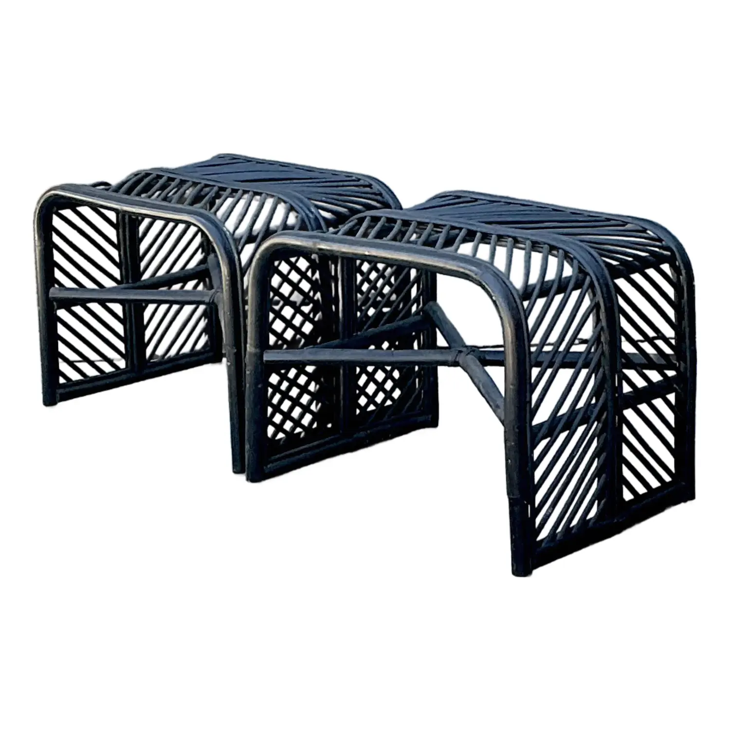 Vintage Stick Rattan Waterfall Low Stools - A Pair