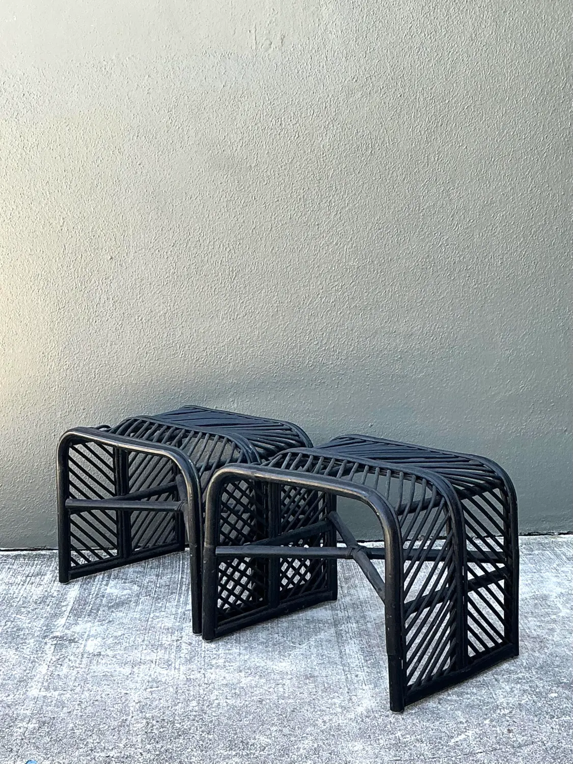 Vintage Stick Rattan Waterfall Low Stools - A Pair - Top view