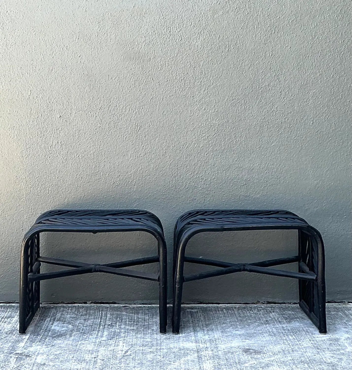 Vintage Stick Rattan Waterfall Low Stools - A Pair - Detail view