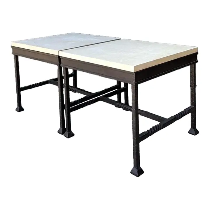Vintage Stone Top Twisted Iron Side Tables - A Pair