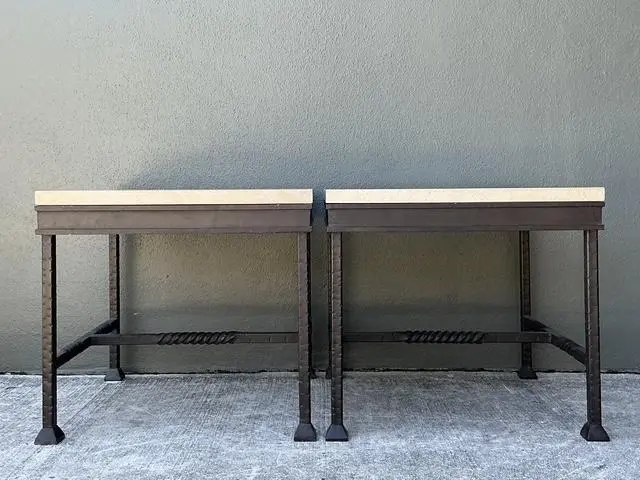 Vintage Stone Top Twisted Iron Side Tables - A Pair - Back view