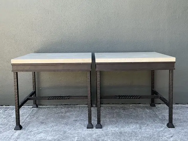 Vintage Stone Top Twisted Iron Side Tables - A Pair - Top view