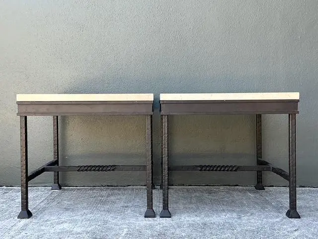 Vintage Stone Top Twisted Iron Side Tables - A Pair - Side view