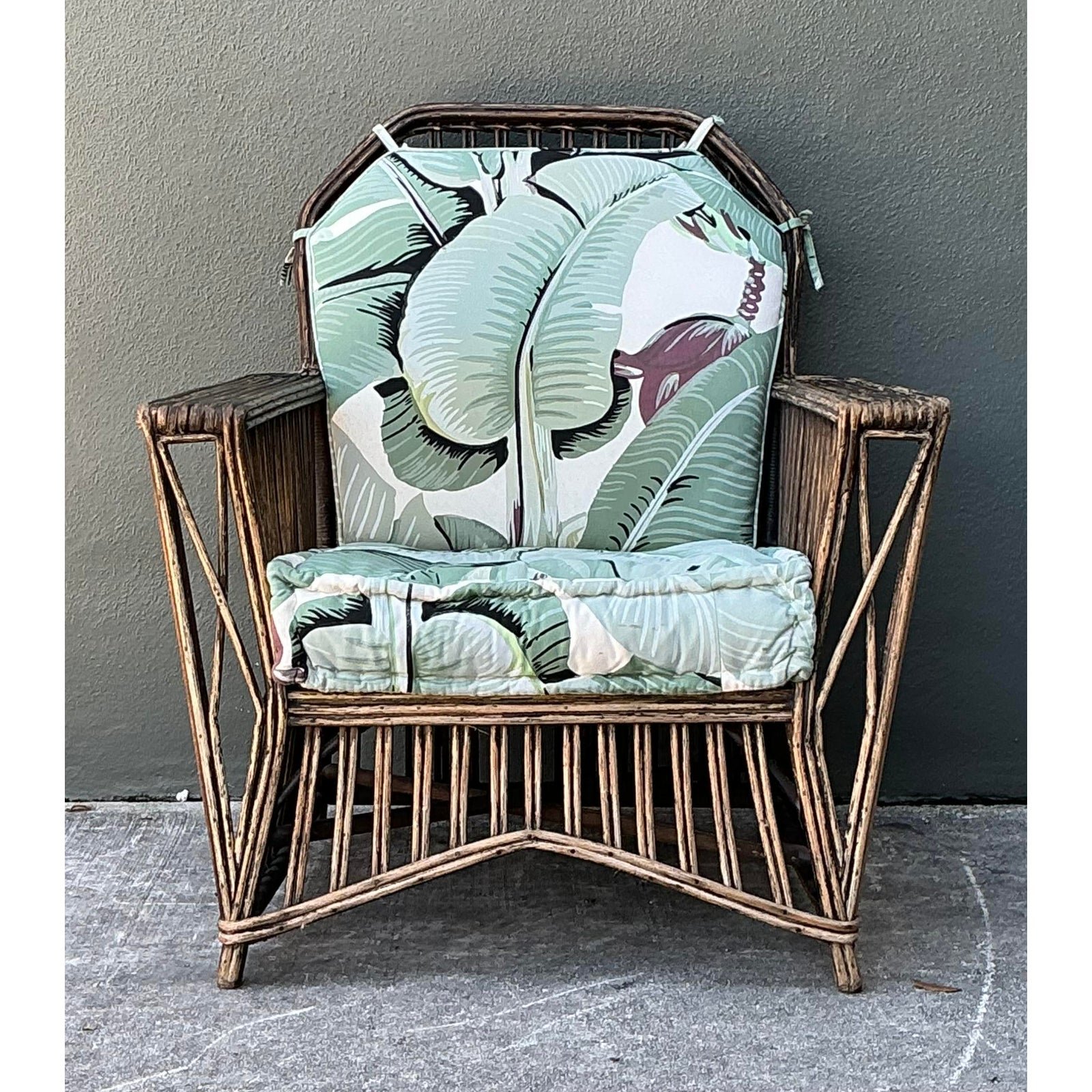 Vintage Stick Rattan Lounge Chair in Stockwell Performance “Martinique” - Detail view