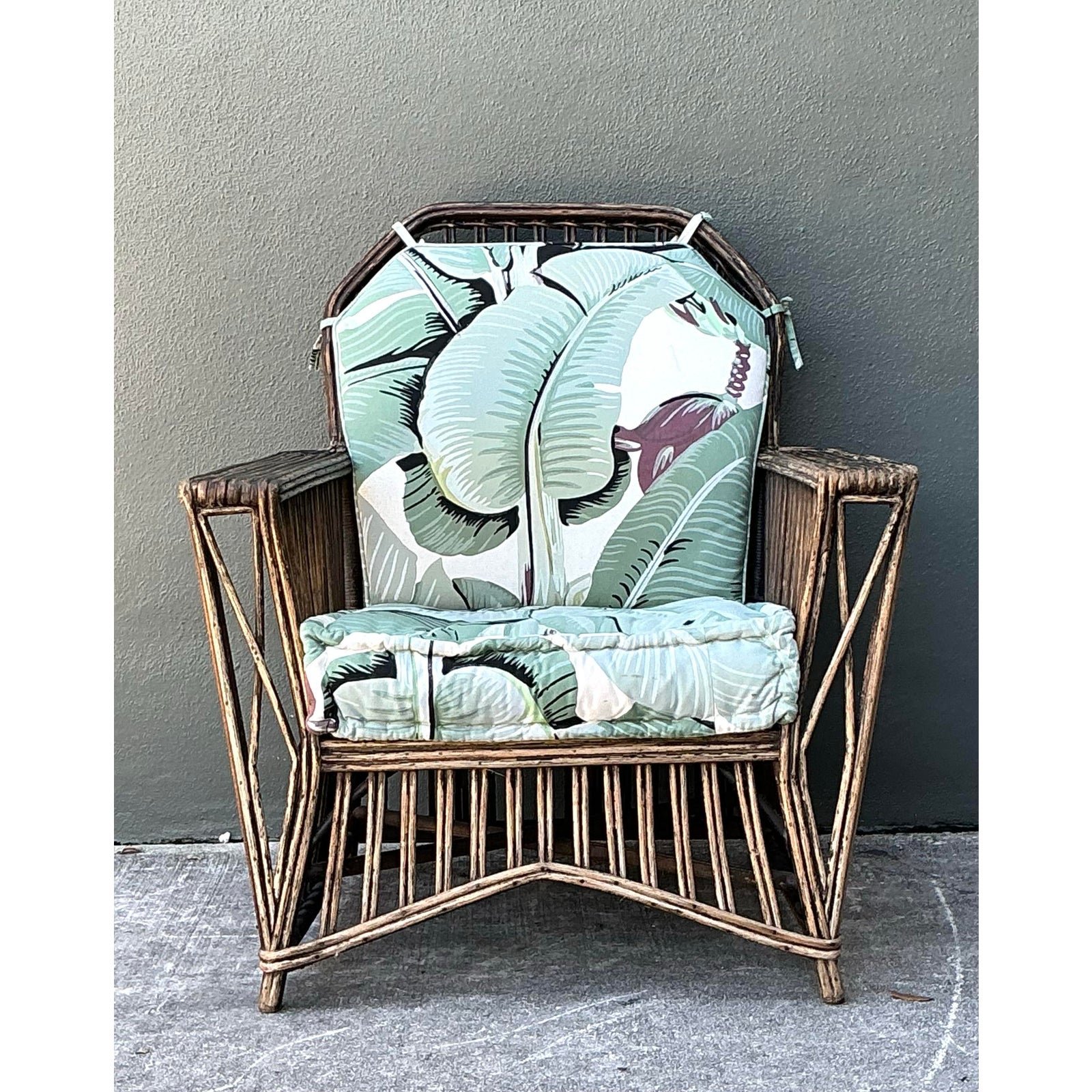 Vintage Stick Rattan Lounge Chair in Stockwell Performance “Martinique” - Back view
