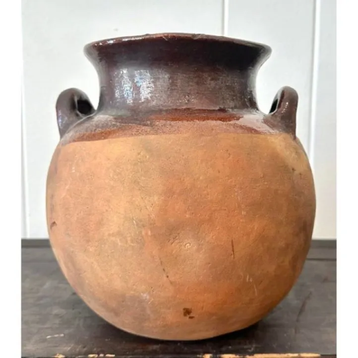 Vintage Studio Pottery Half Glazed Vase With Handles - Side view