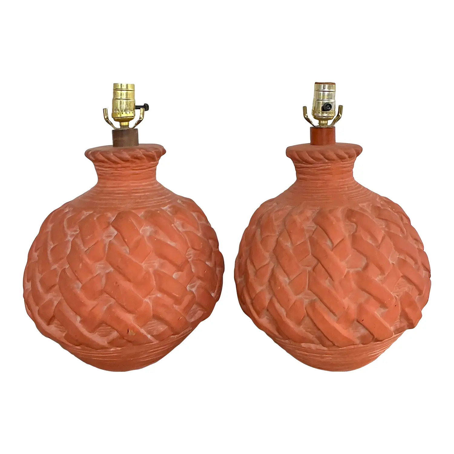 Vintage Terracotta Faux Weave Lamps - A Pair