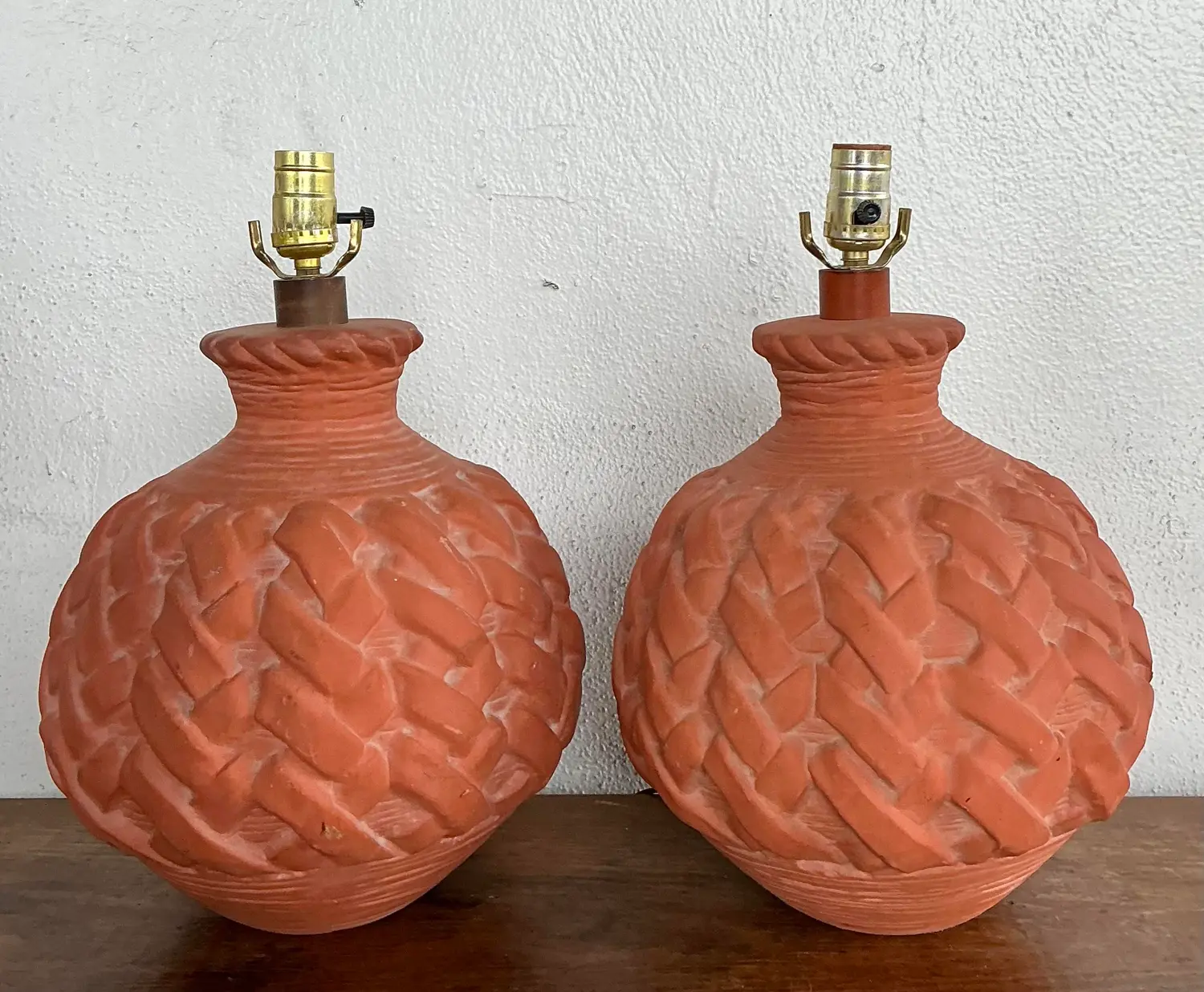 Vintage Terracotta Faux Weave Lamps - A Pair - Top view