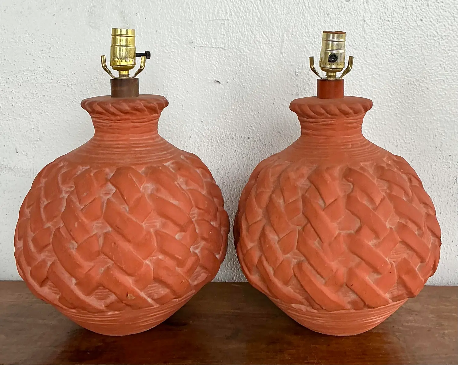 Vintage Terracotta Faux Weave Lamps - A Pair - Side view