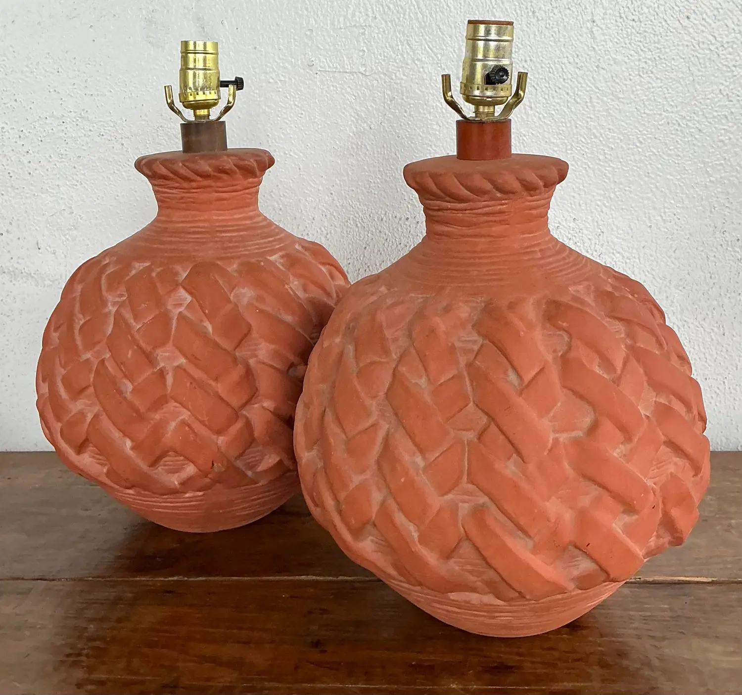 Vintage Terracotta Faux Weave Lamps - A Pair - Back view