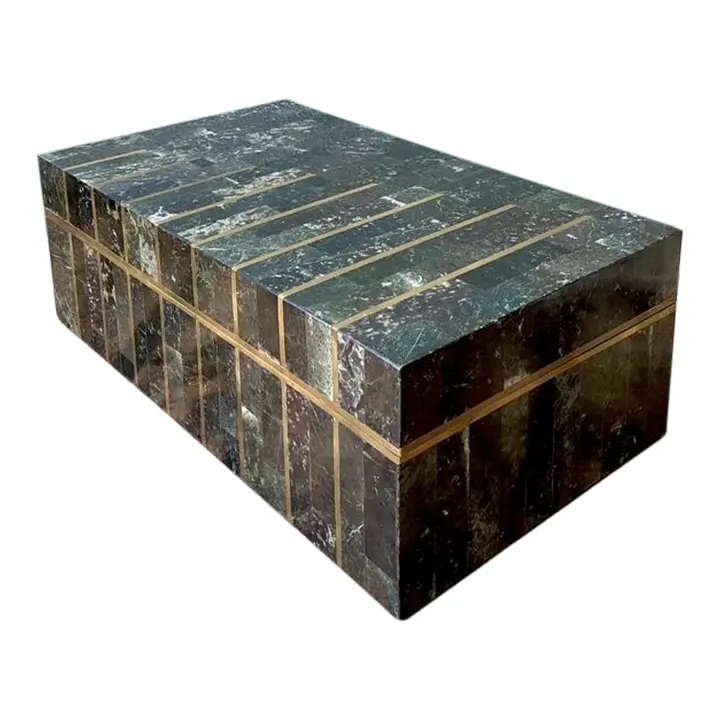 Vintage Tessellated Brass and Stone Box - Detail view