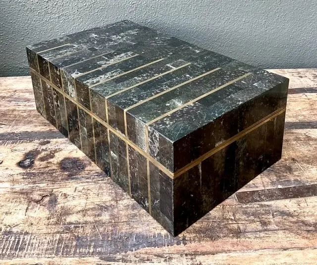 Vintage Tessellated Brass and Stone Box - Back view