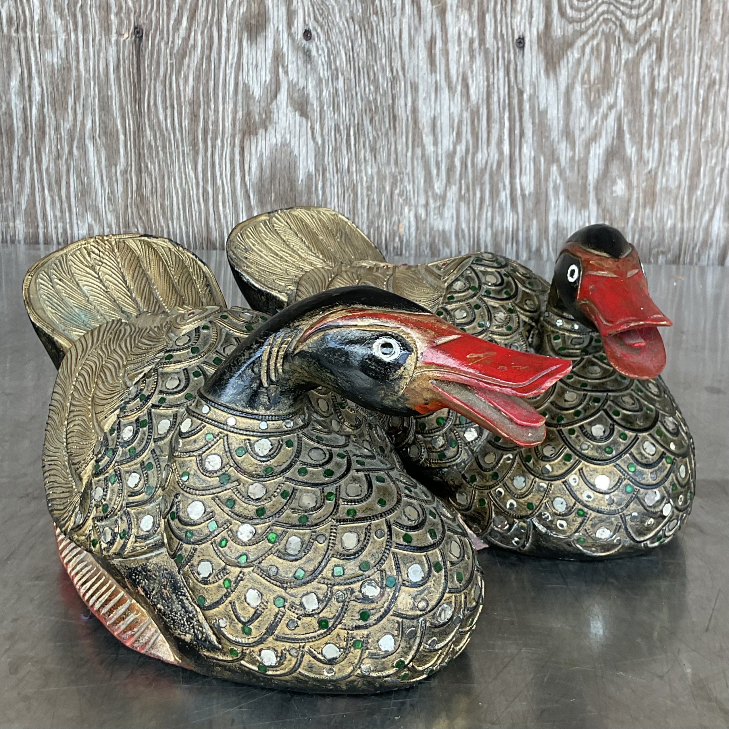 Vintage Tibetan Hand Painted Jeweled Ducks- a Pair - Detail view