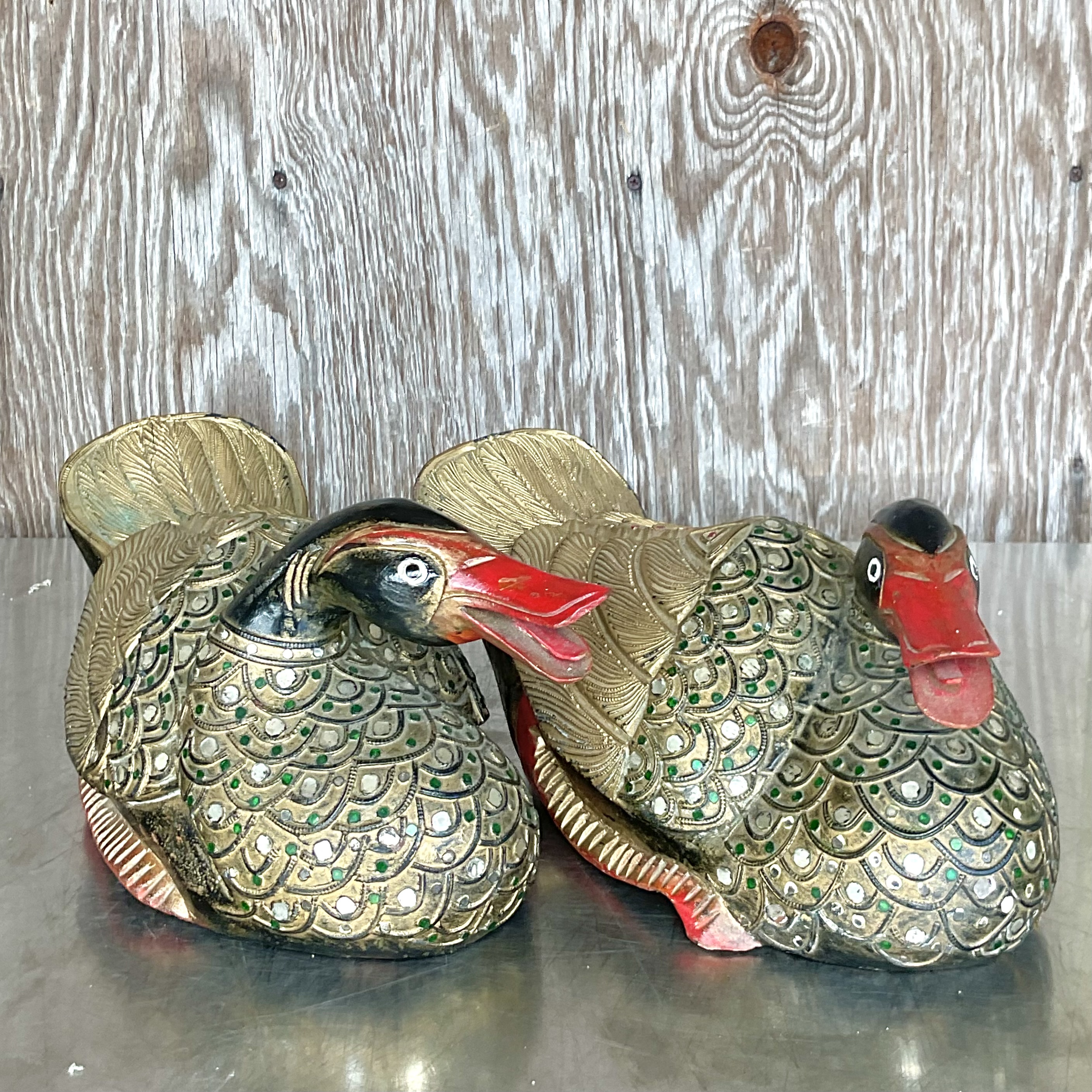 Vintage Tibetan Hand Painted Jeweled Ducks- a Pair - Back view