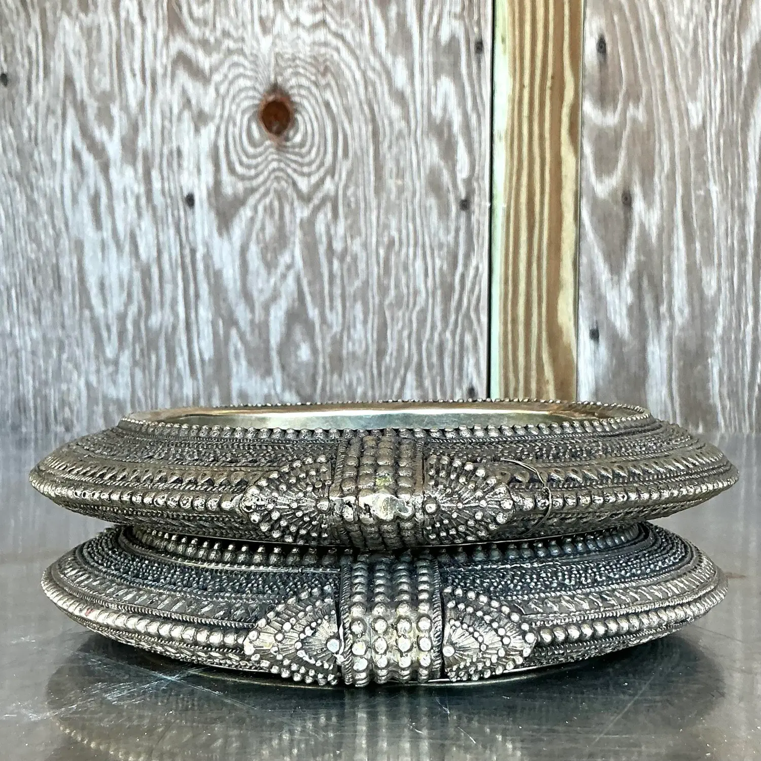 Vintage Tibetan Metal Catch All Trays - Set of Two - Side view