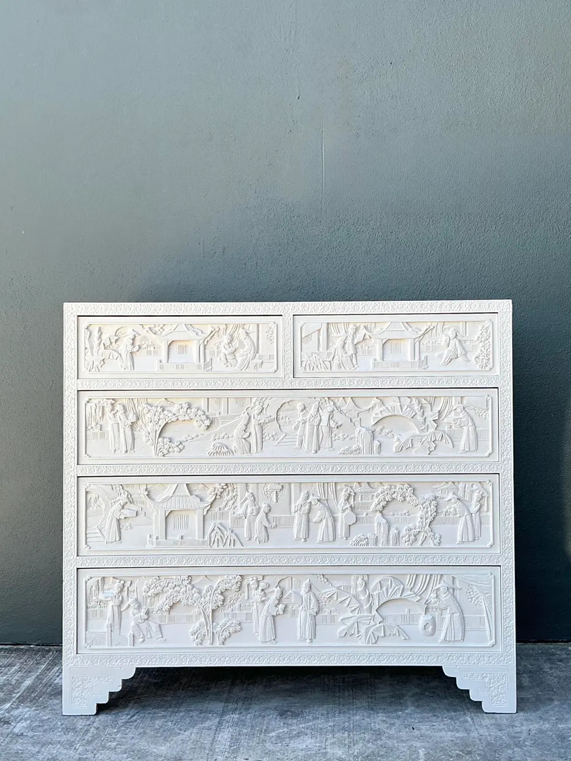 Vintage Todd Hase Asian Carved Relief Chest of Drawers - Back view