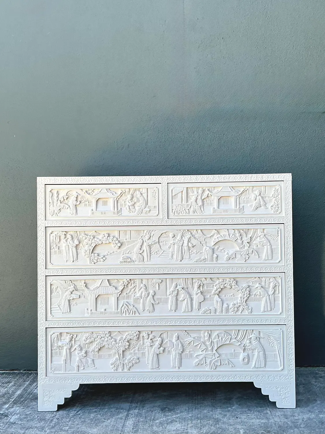 Vintage Todd Hase Asian Carved Relief Chest of Drawers - Top view