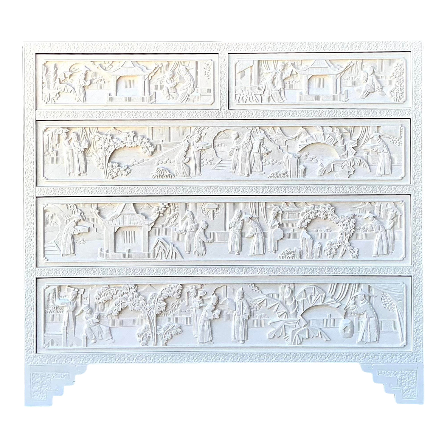 Vintage Todd Hase Asian Carved Relief Chest of Drawers - Side view
