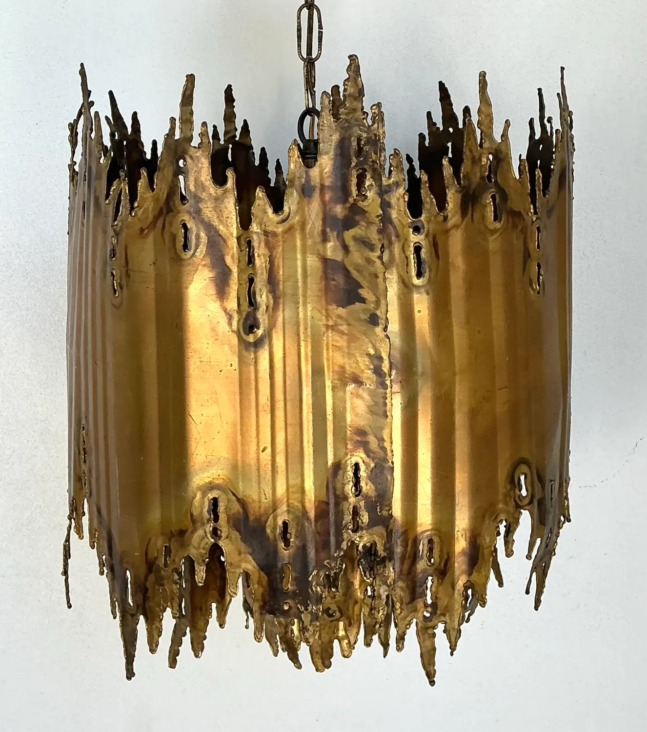 Vintage Tom Greene Brutalist Torch Cut Brass Chandelier - Side view