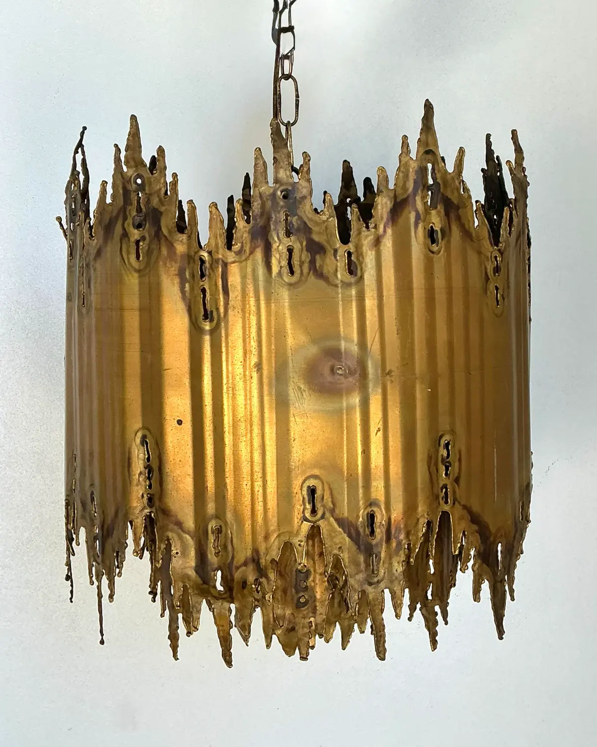 Vintage Tom Greene Brutalist Torch Cut Brass Chandelier - Top view