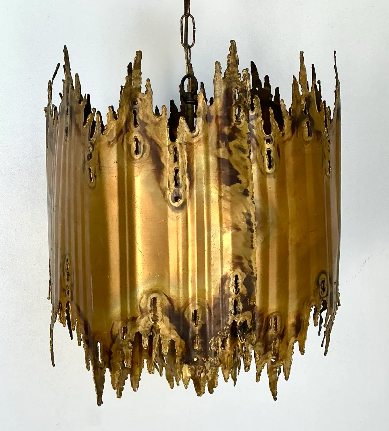 Vintage Tom Greene Brutalist Torch Cut Brass Chandelier - Back view