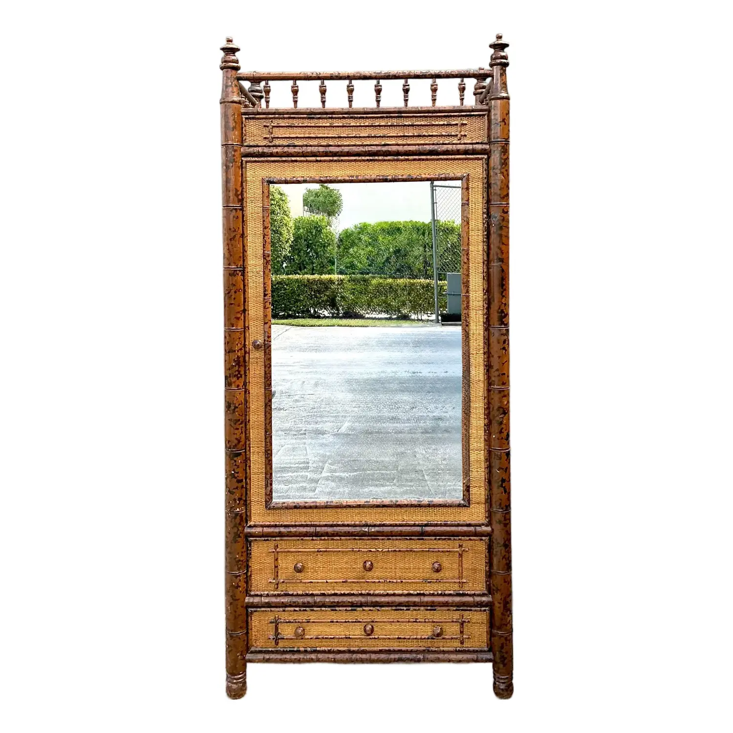 Vintage Tortoise Bamboo Mirror Front Armoire