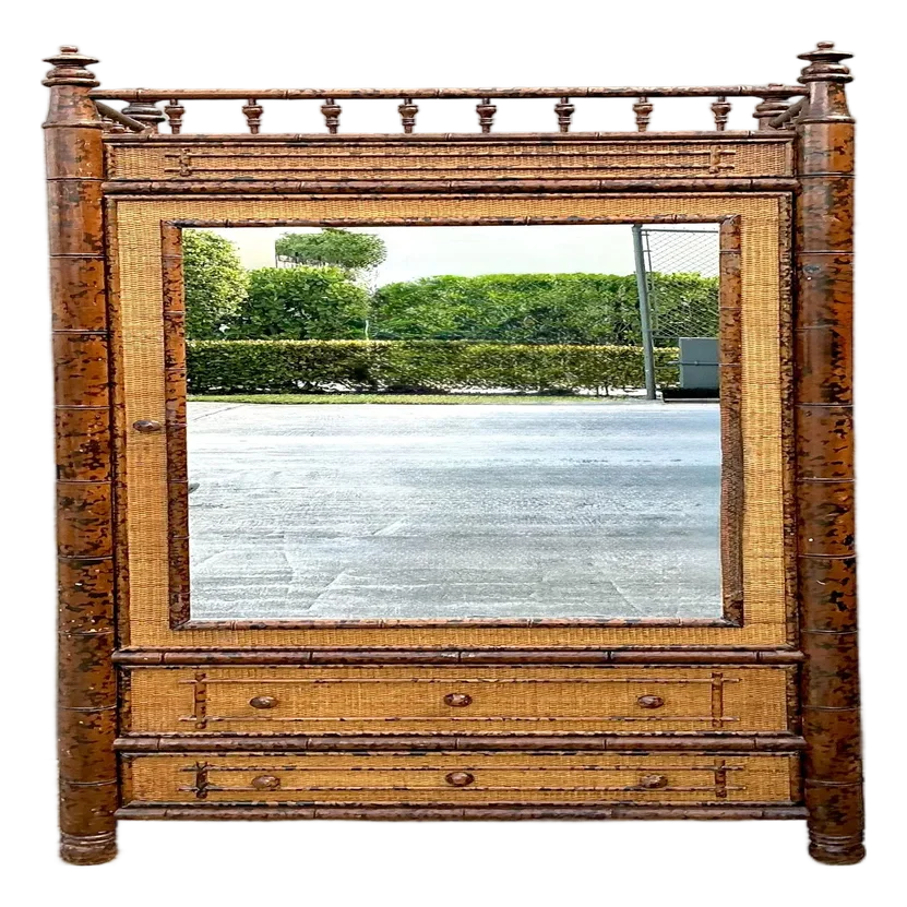 Vintage Tortoise Bamboo Mirror Front Armoire - Detail view