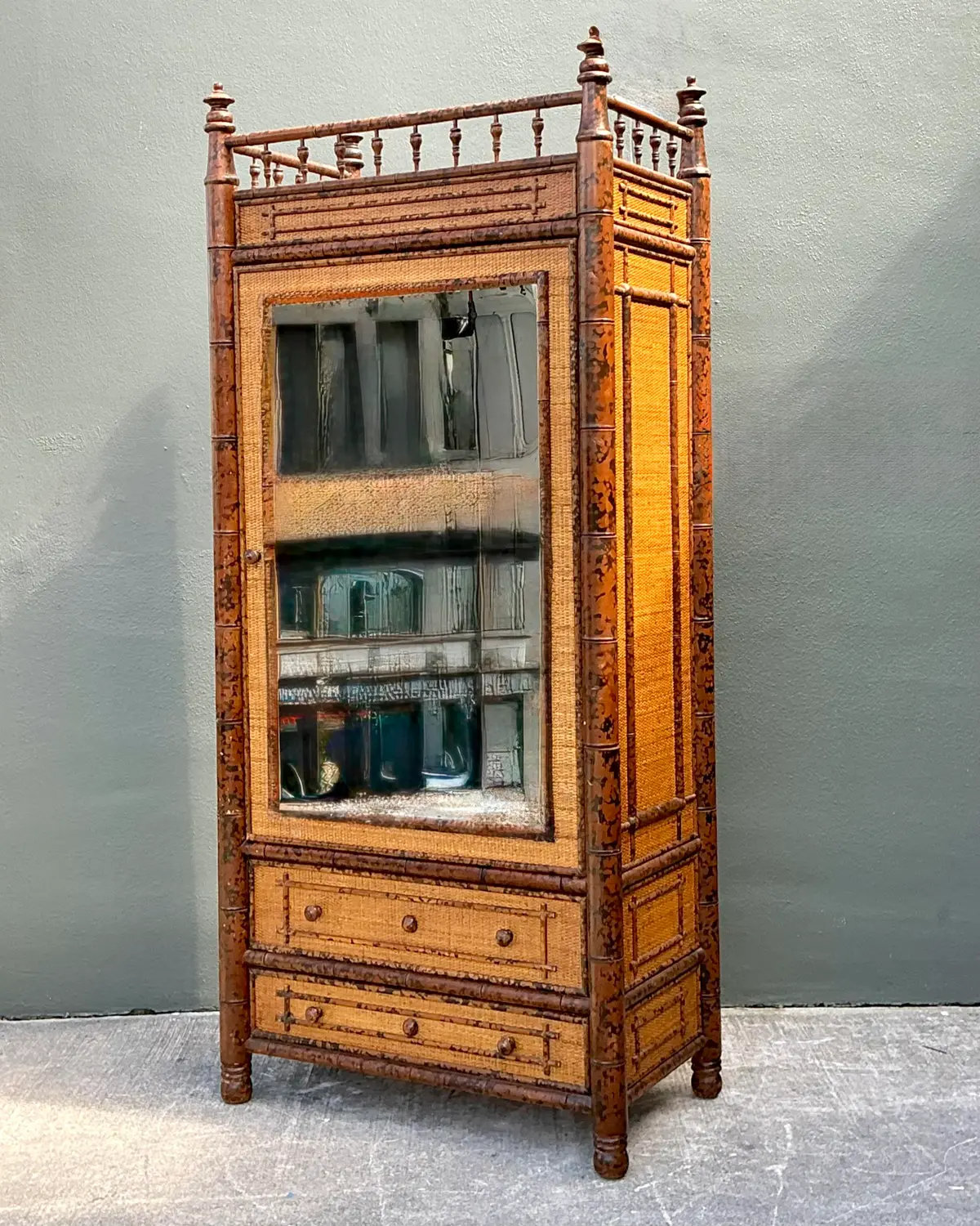 Vintage Tortoise Bamboo Mirror Front Armoire - Side view