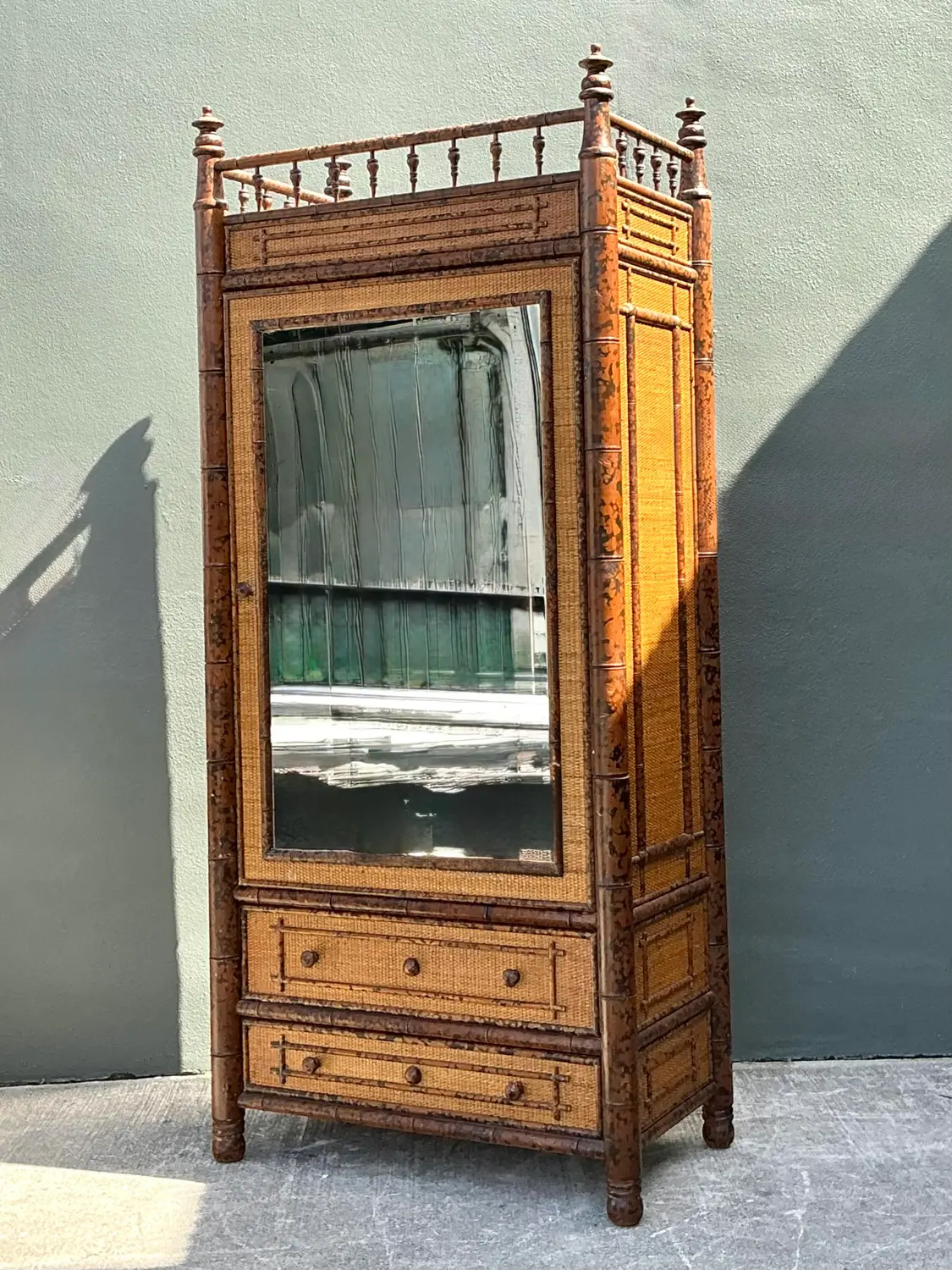 Vintage Tortoise Bamboo Mirror Front Armoire - Top view