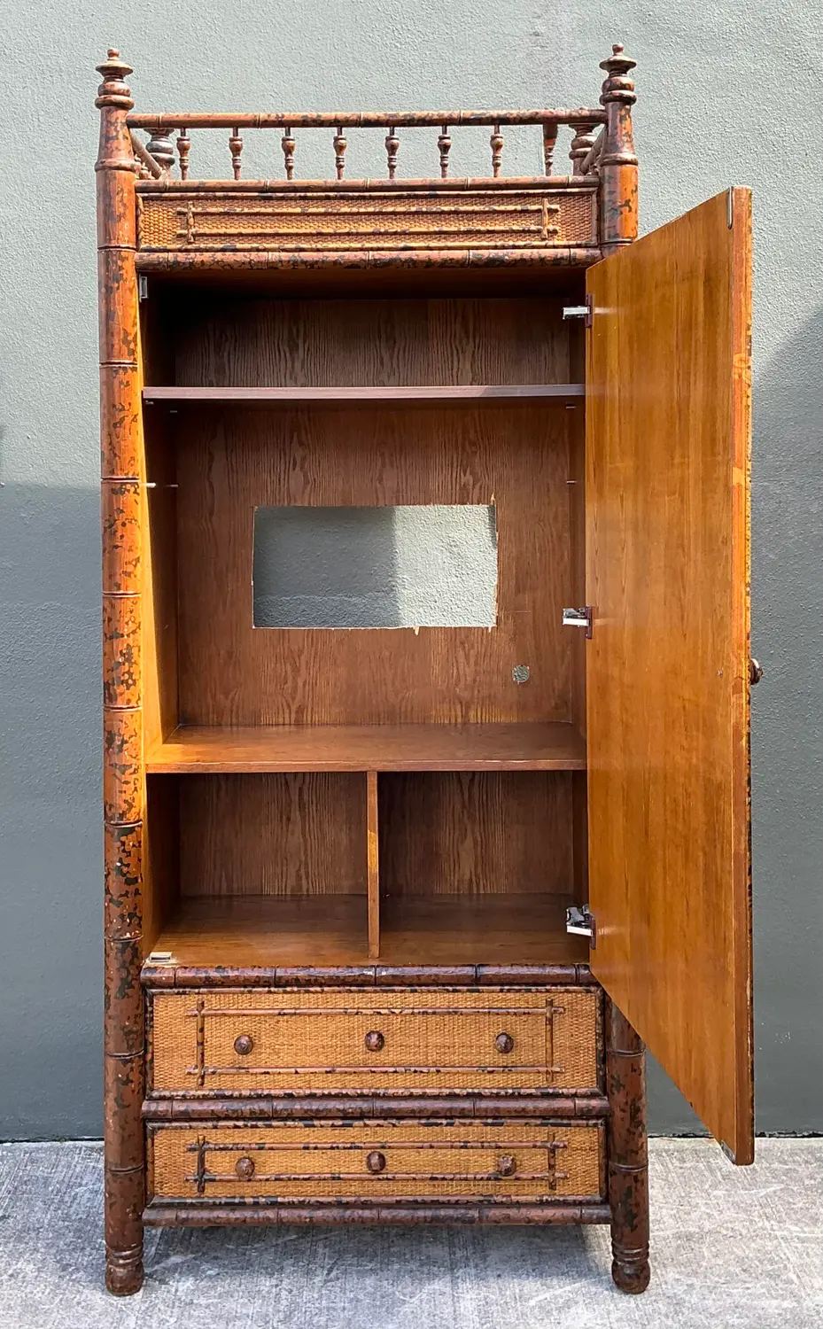 Vintage Tortoise Bamboo Mirror Front Armoire - Back view