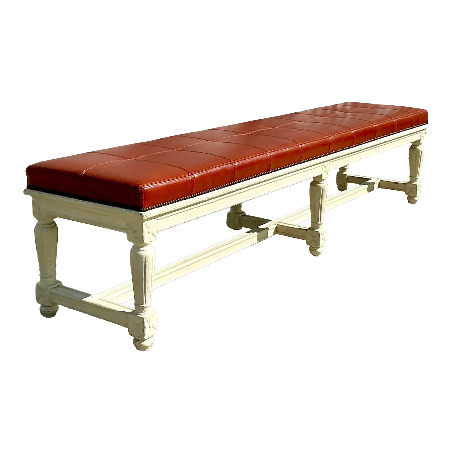 Vintage Traditional 19th Century Leather Bench - Detail view