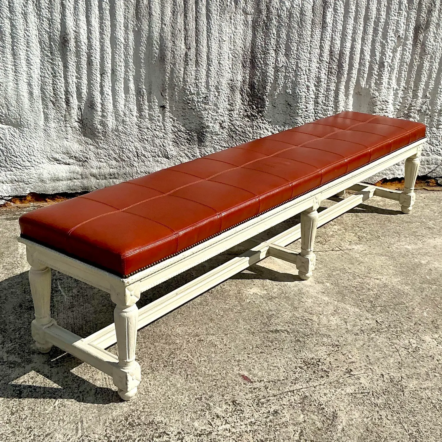 Vintage Traditional 19th Century Leather Bench - Side view