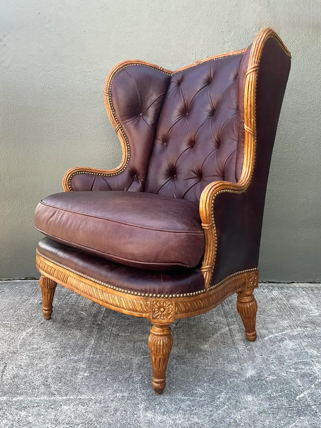 Vintage Tufted Leather Wingback Chair - Detail view