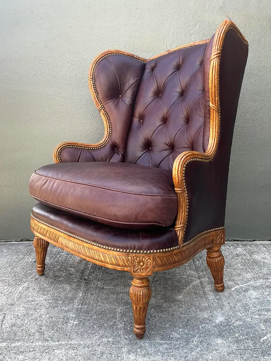 Vintage Tufted Leather Wingback Chair - Side view