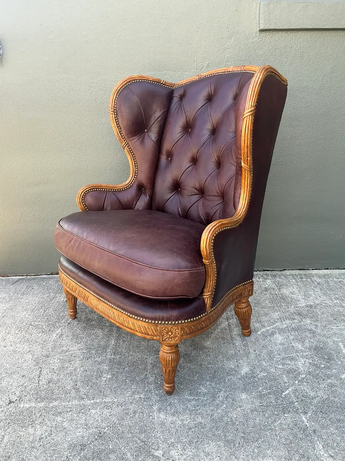 Vintage Tufted Leather Wingback Chair - Back view